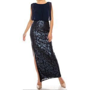 Aidan Mattox Sleeveless Blouson Embellished Side Slit Maxi Sheath Gown Navy Sz 0